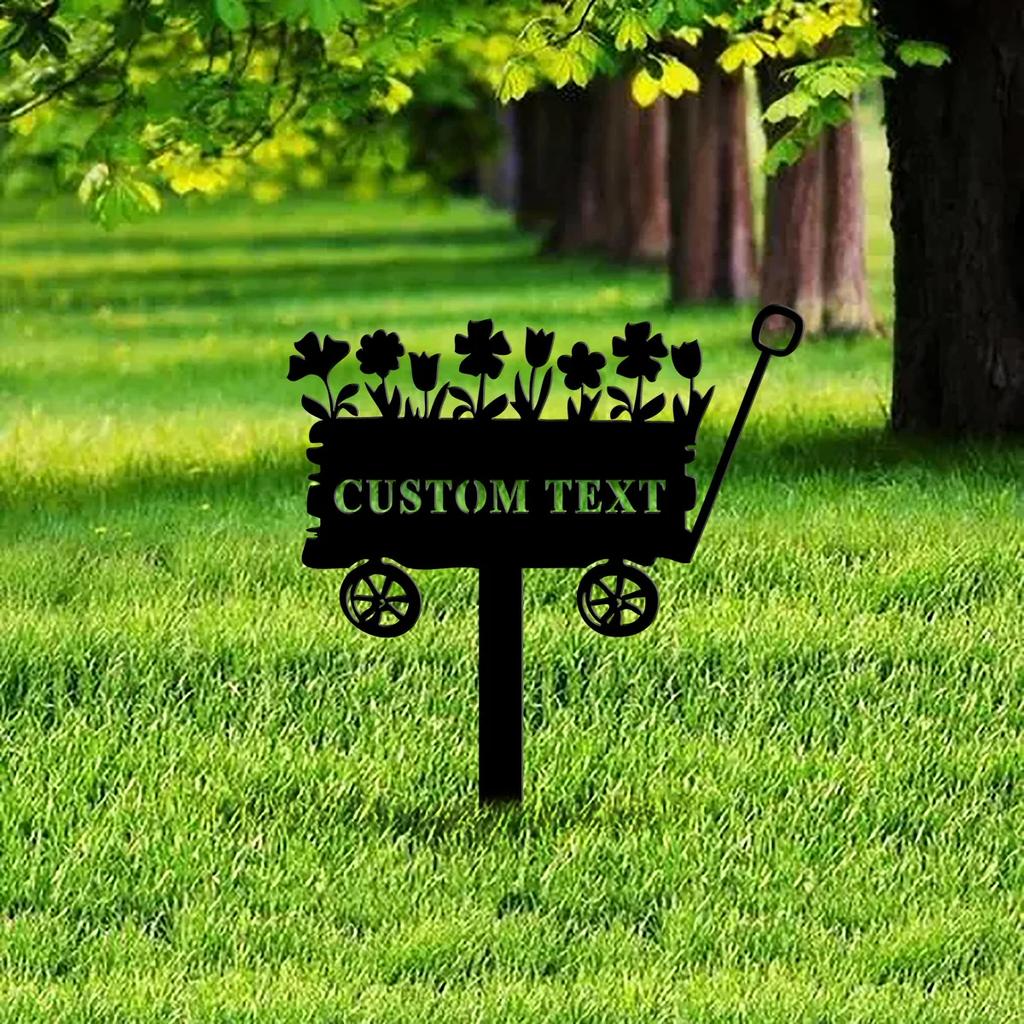 Metal Garden Stake Flower Cart Sign, Rustic Iron Floral Wheelbarrow Decor, Outdoor Plant Bed Marker, Gardening Gift Yard Art