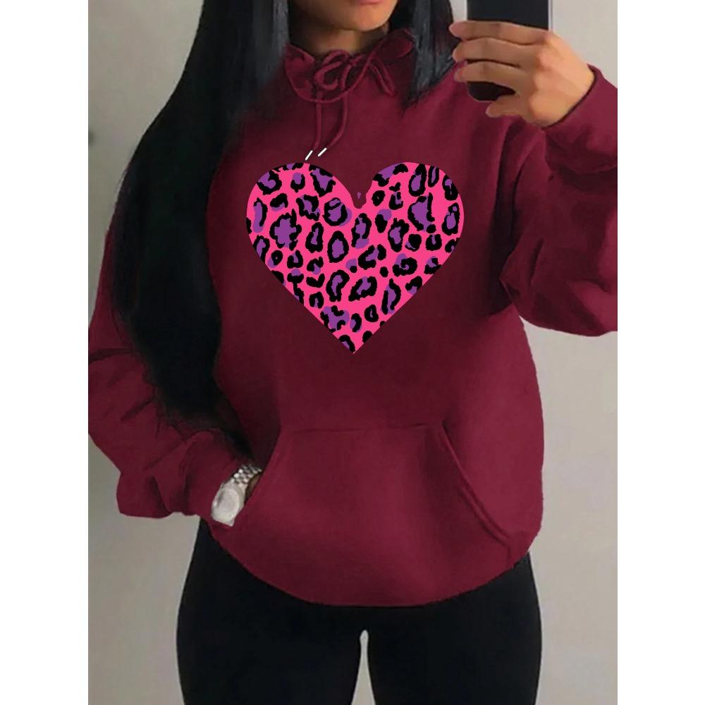 Pink Leopard Print Heart Printing Hoody Women Fashion Oversized Hoodie Pullover Autumn Fleece Clothes