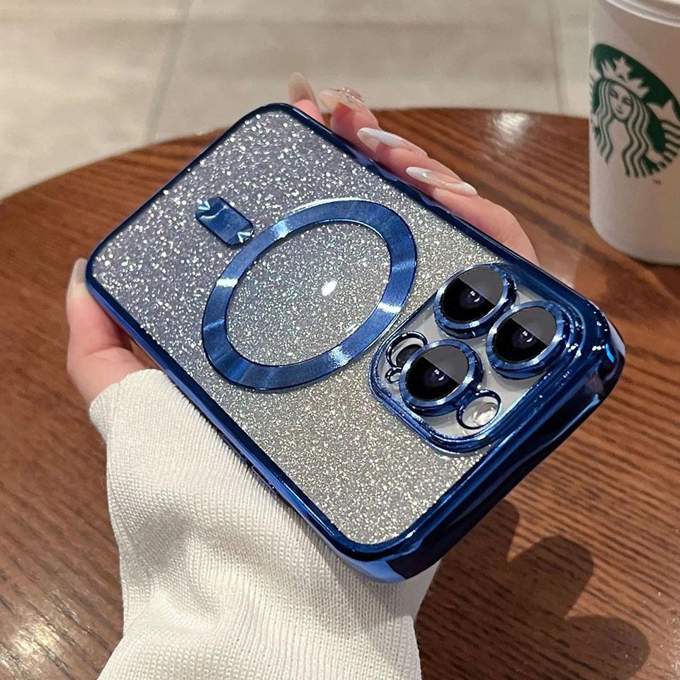 Woman Luxury Plating Glitter Case For Magsafe For iPhone 15 13 11 12 14 Pro Max Plus Accessories Magnetic Wireless Charge Cover