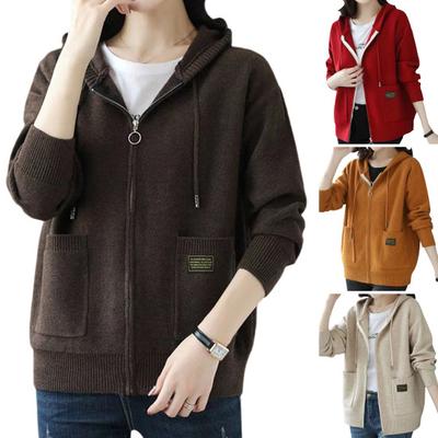 Fall Winter Women Coat Hooded Drawstring Knitted Long Sleeves Pockets Thick Keep Warm Pure Color