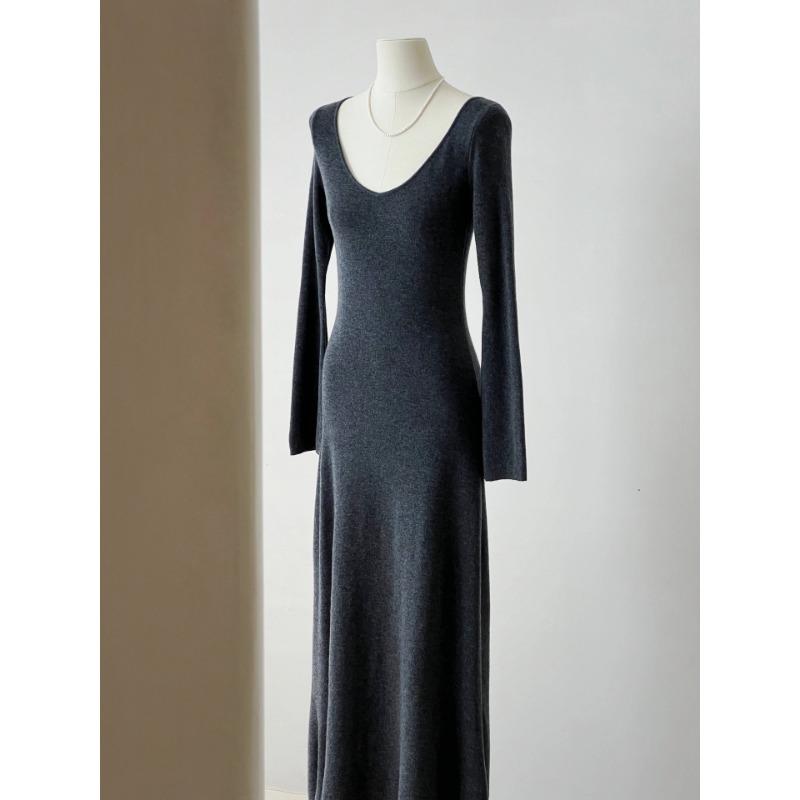 

[] High-end v-neck long-sleeved dress for women s autumn and winter new temperament with a bottom long skirt S серый