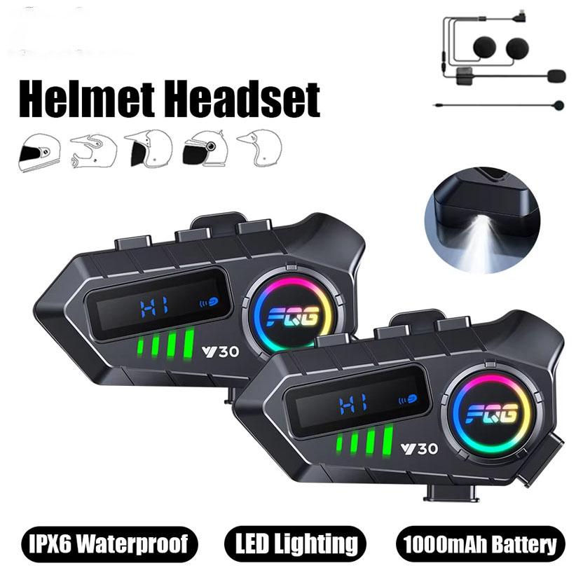 Y30 Motorcycle Intercom Bluetooth 6.0 Helmet Headset Led Light Moto intercomunicador For 2 Riders Voice Control Wireless Speaker Moto Accessories