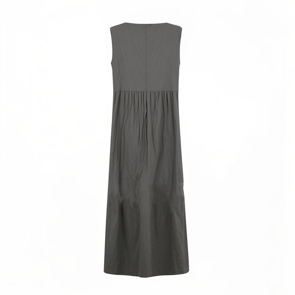 Modisches und lässiges einfarbiges Kleid aus Baumwolle und Leinen für Damen