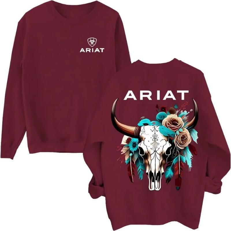 

Світшот Ariat із зображенням черепа дикого бика та складними квітковими візерунками Повсякденний світшот Пуловери з довгими рукавами для чоловіків L кларет