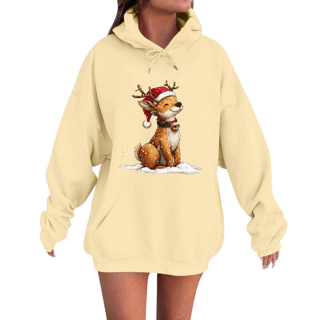 Dámská módní ležérní mikina s dlouhým rukávem, volná, s vánočním potiskem a kapucí