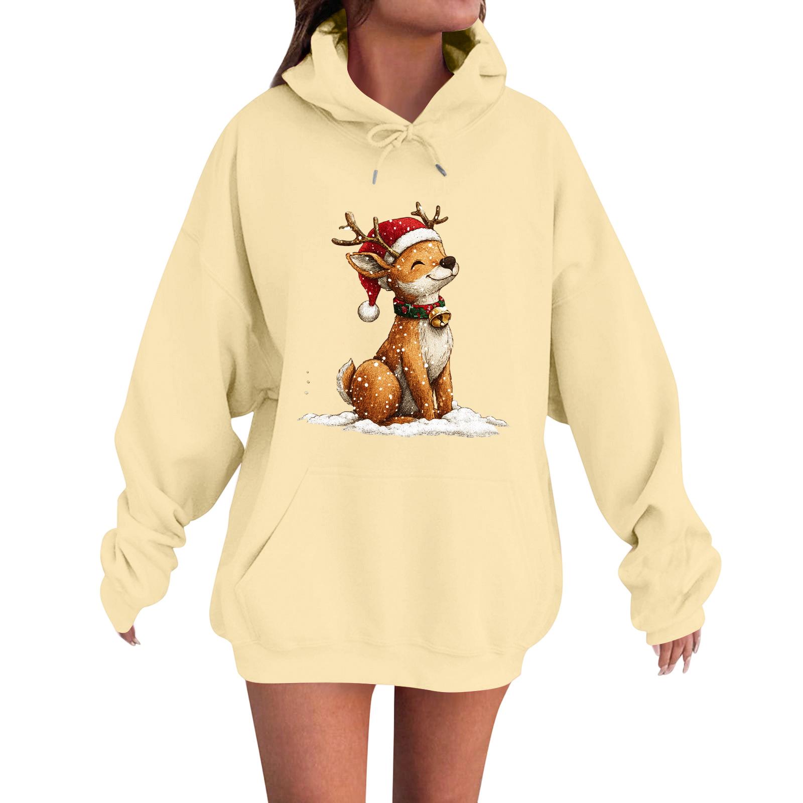 

Women s Fashion Casual Long Sleeve Loose Christmas Print Hooded Sweatshirt XL бежевий