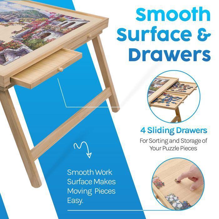 Table de puzzle en bois de luxe – 4 tiroirs de rangement, portable 1000-1500 pièces pour adultes