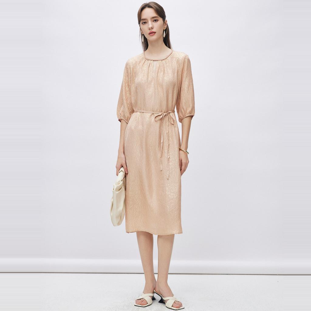 19mm Golden Crown Wrinkle] 26 Spring/Summer Design Sense Round Neck Waist for Slimming Mulberry Silk Dress