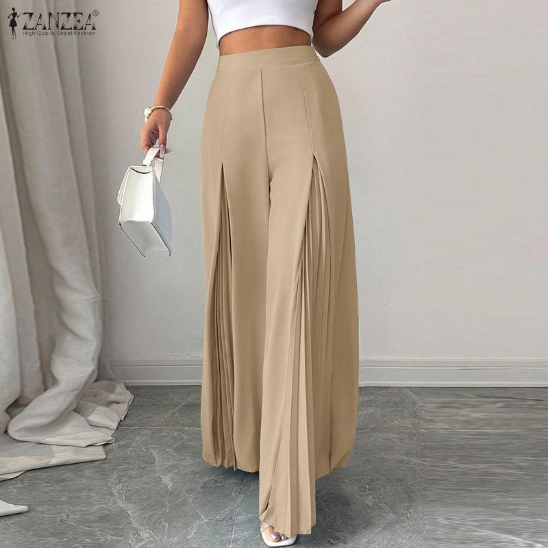 ZANZEA Women Casual Elastic Waist Solid Color Loose Wide Leg Pants