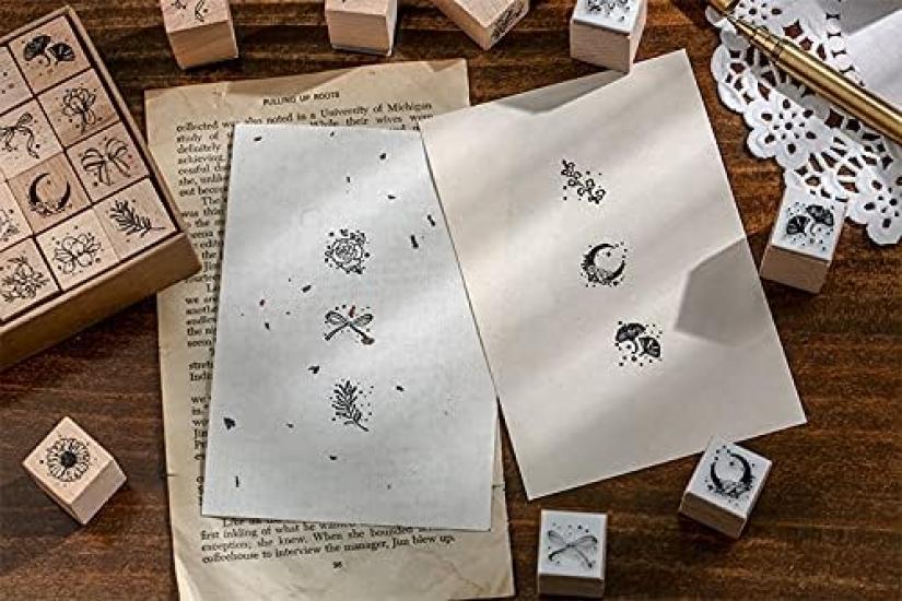 MissOrange Wooden Rubber Stamp Creative Stamp Set for Craft and Set, Moon, Flower, Leaf, Bowknot, Cards, Scrapbooking, Planners, 16-Piece Set, M-26