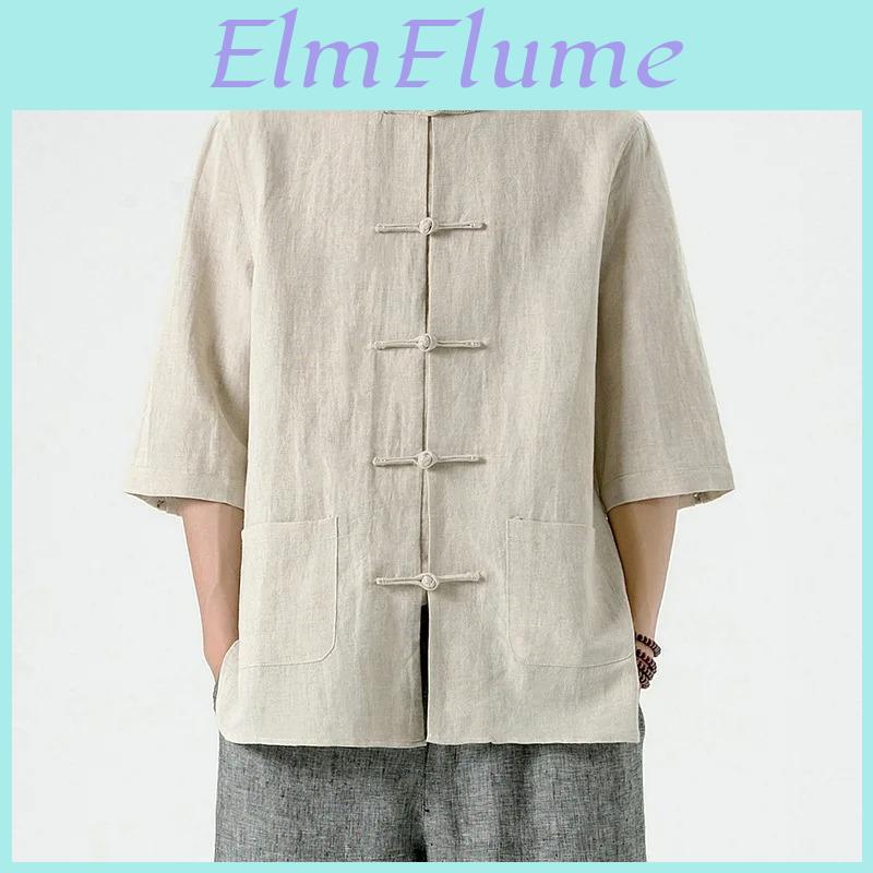 Chinese Style Mens Linen Summer Shirt Retro Stand Collar Half Sleeve Chinese Kong Fu Suit Men Hanfu