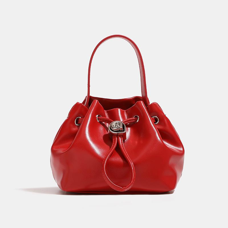 2024 Summer New Niche High-End Handheld Bucket Bag, Fashionable and Versatile Silver Drawstring Shoulder and Crossbody Bag for Women