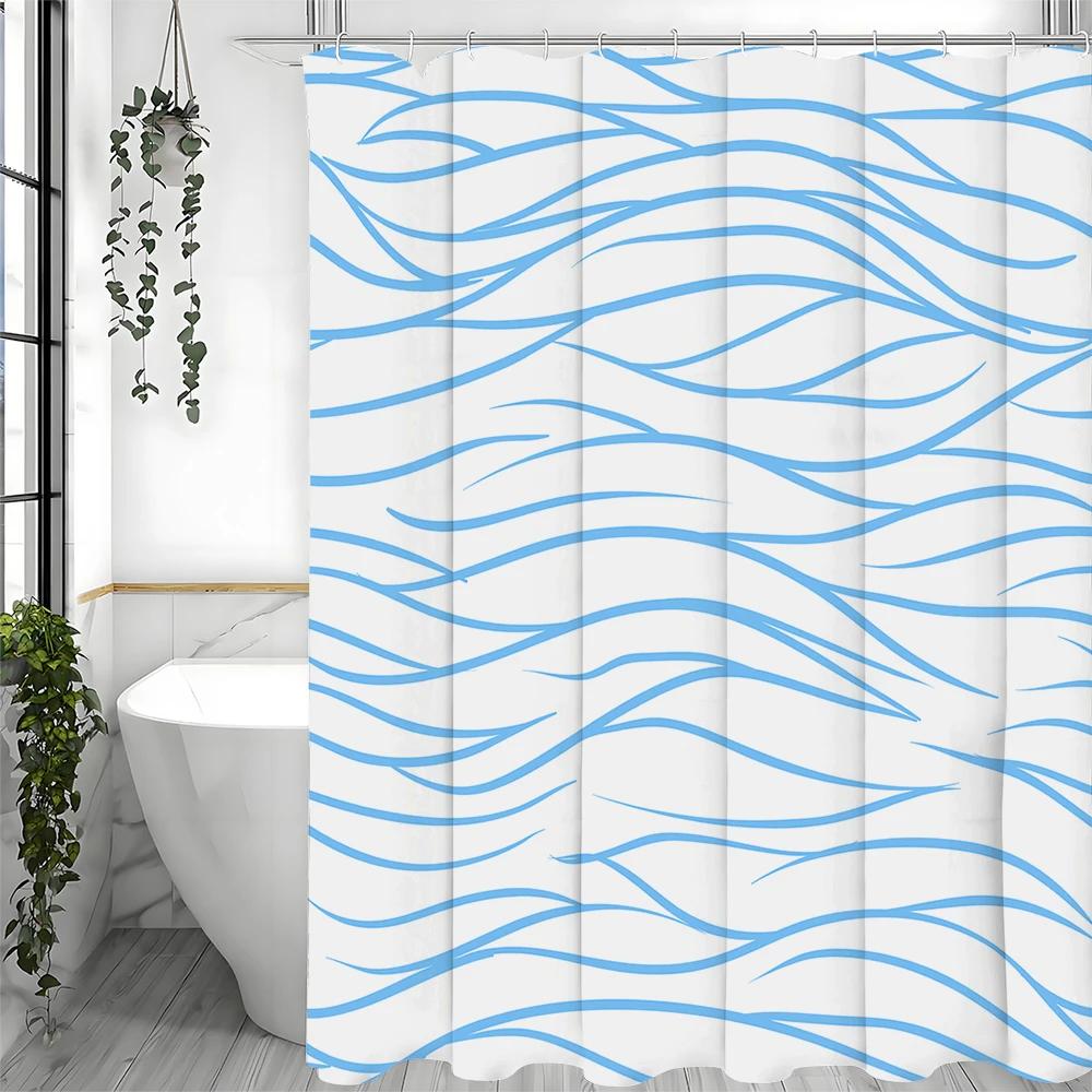 Blue Striped Shower Curtain, Bathroom Decorative Shower Curtain, Waterproof Shower Curtain with Hooks
