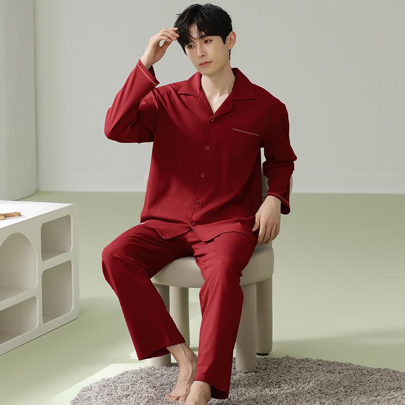 Red wedding couple pajamas women's spring and autumn pure cotton long-sleeved newlywed men's simple cardigan loungewear set