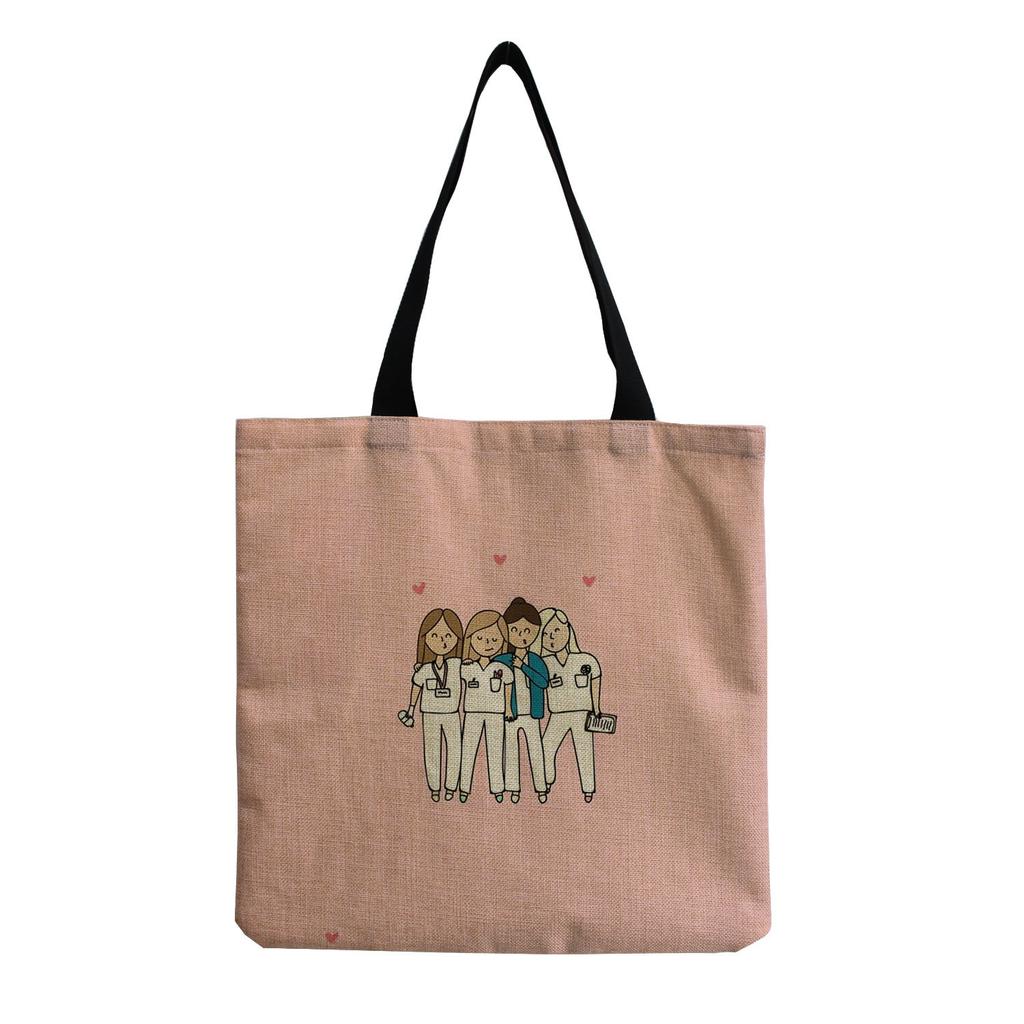 Damen Vintage Leinen-Tragetasche - Große Kapazität Krankenschwester-Print Schulter-Handtasche für Freizeit & Lebensmitteleinkauf KTB