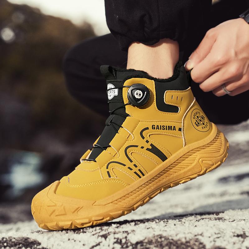 2025Yellow Winter Trekking Boots Men Hiking Shoes High top Motorcycle Shoes Man Work Sneakers Warm Fur Outdoor Walking Boots Men