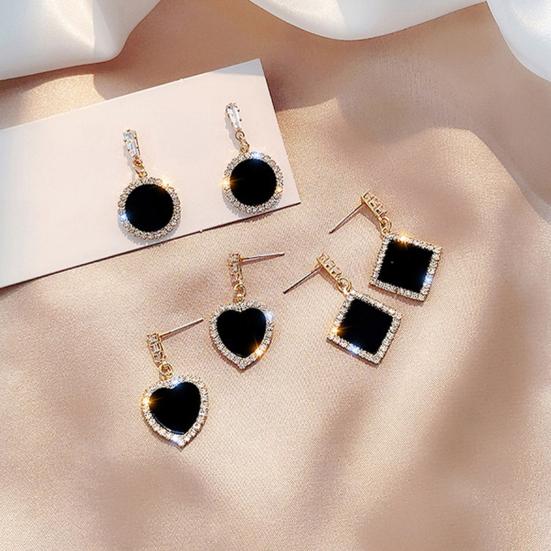 1 Pair Stud Earrings Shining Silver-Needle Geometric Dangle Electroplating Temperate Decoration Eye-catching Black Round Rhinestone Earrings Clothing