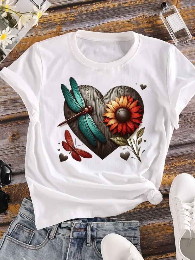 (Asian Size)  Tee Women Clothing Flower Lovely Trend Cute Casual Top Short Sleeve T Shirt Fashion Print Lady Female Graphic T-shirts
