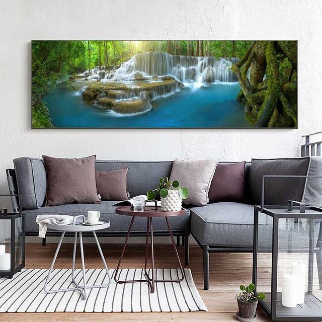 Krajina Přírodní Vodopád Obraz na plátně Zelený strom Jezerní list Plakáty a obrazy Nástěnný obraz Obývací pokoj Home Decor Bez rámu