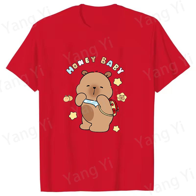 Modische Capybara Trage Rucksack Druck T-Shirt Lässig Kurzarm Grafik T-Shirt Unisex Locker Harajuku Shirt Honey Baby Oberteile