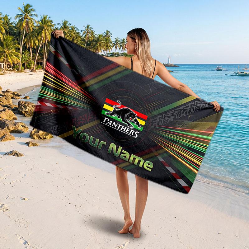 Penrith Panthers Customized Name Text Beach Towel, Soft Absorbent Towel Beach Pool Travel Personal Gift