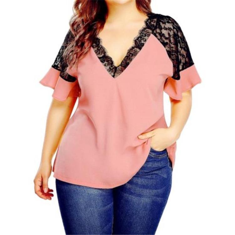 Sexy Women Deep V Neck Lace Patchwork Short Ruffled Sleeve Loose Blouse T Shirt L розовый