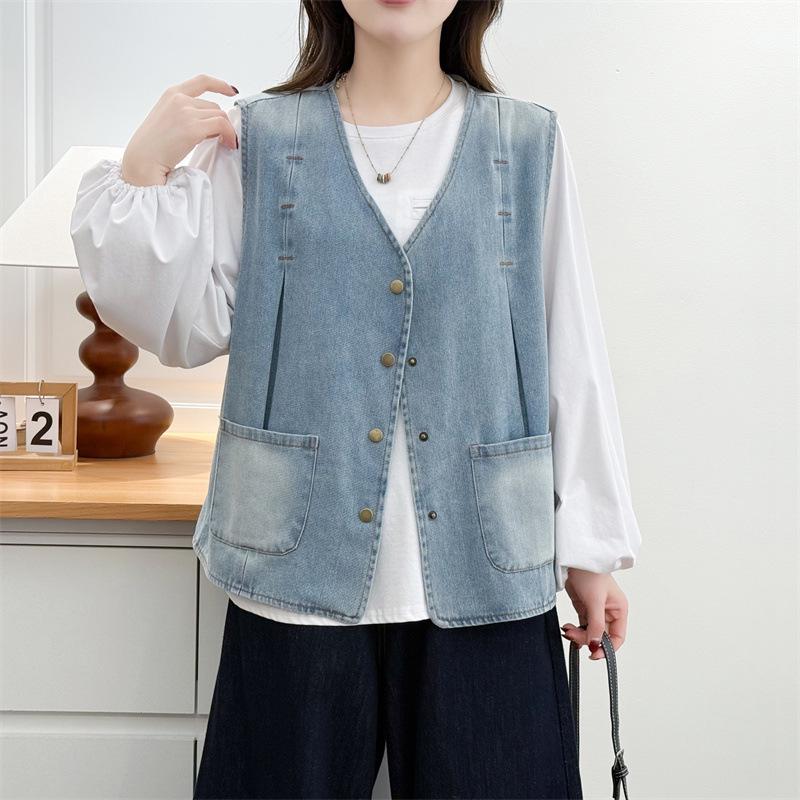 Plus Size Women's V-Neck Denim Vest - Spring/Summer 2026 Slimming Tank for 200 Jin
