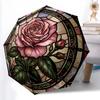 1pc Sturdy 8-Bone Auto Umbrella, Dewy Red Rose Umbrella, Digital Printed, Foldable Umbrella for On-the-Go Outdoor Use