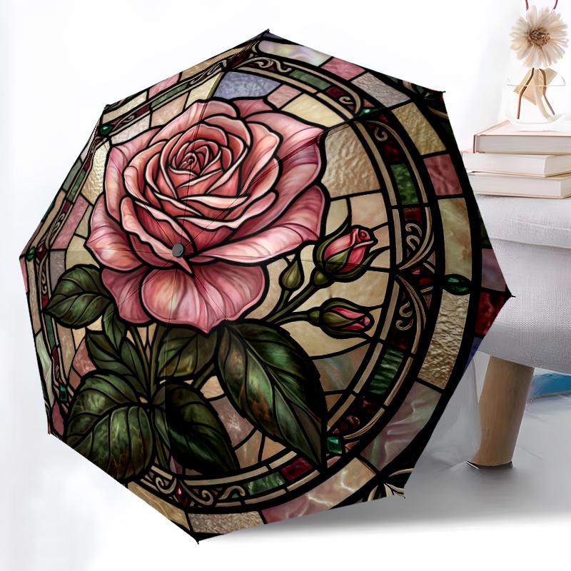 1pc Sturdy 8-Bone Auto Umbrella, Dewy Red Rose Umbrella, Digital Printed, Foldable Umbrella for On-the-Go Outdoor Use