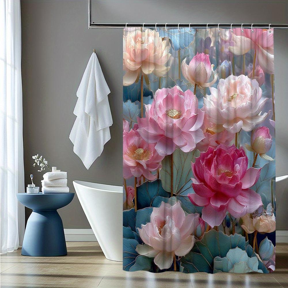 1Pc Floral Shower Curtain Large For Lotus Pattern Bathroom Decoration Polyester Fabric With 12 Hooks 70. 8X70. 8 Inch