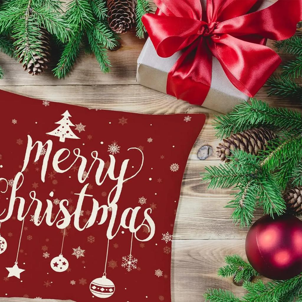 Christmas Decorations Pillow Covers 18×18 Inch Set of 4 Holiday Rustic Linen Pillow Cases for Sofa Couch Decor Cushion Covers