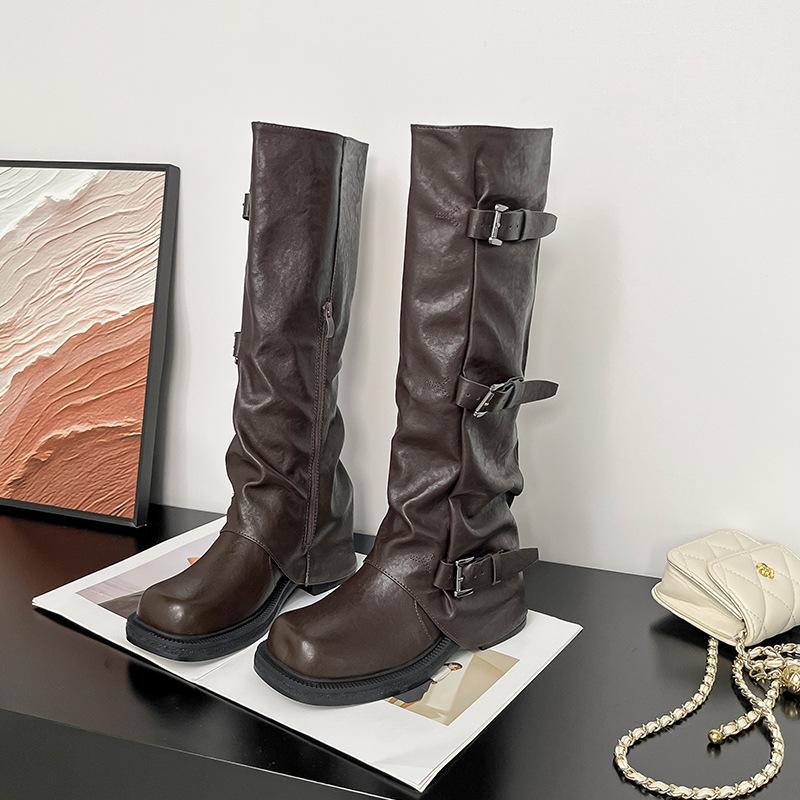 Inner heightening boots Female grape mother Same thick-soled belt buckle Long tube Spice girl trouser boots Western knight boots Autumn models