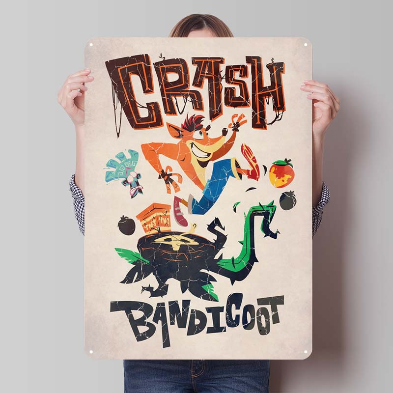 Crash Bandicoot Posters Classic Game Metal Signs Wall Art Mural Custom Tinplate Plaques for Gamers Gaming Room Decoration Retro