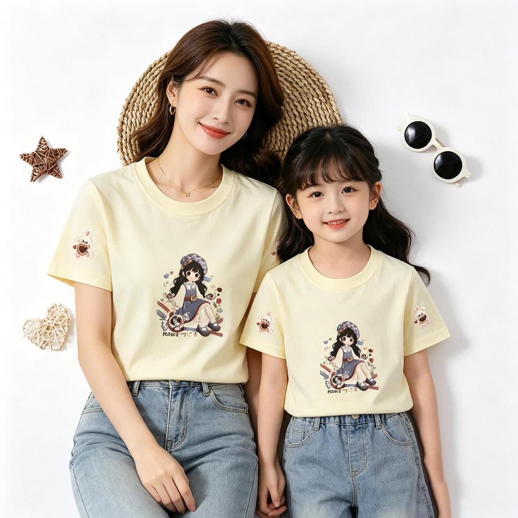 Passendes Herz-Print Baumwoll-T-Shirt für Mutter und Tochter - Kurzarm, Lockerer Schnitt