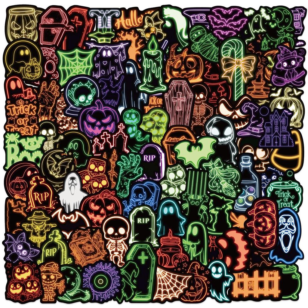 100 Cartoon Neon Halloween Doodle Stickers DIY Decorative Guitar Notebook Suitcase DIY Waterproof