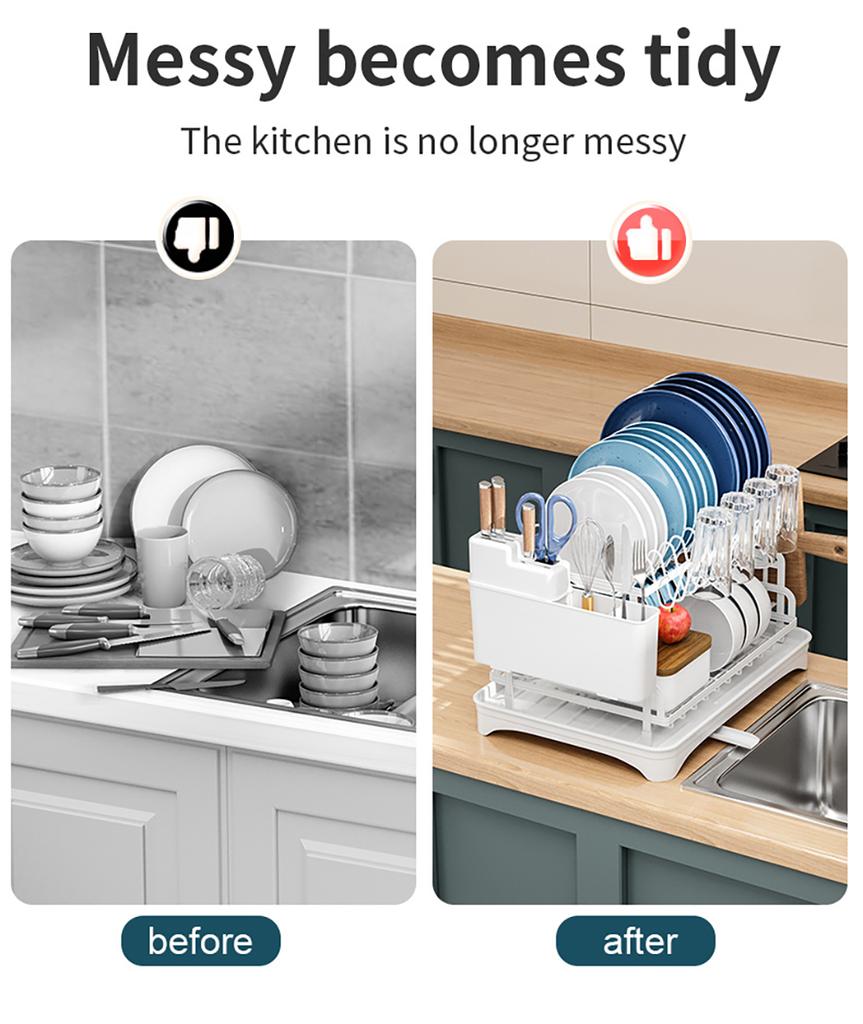 Dish Drying Rack, 2 Tier Large Dish Drying Rack for Kitchen Counter with Drainboard Stainless Steel Dish Drainer for Dish/Knifes