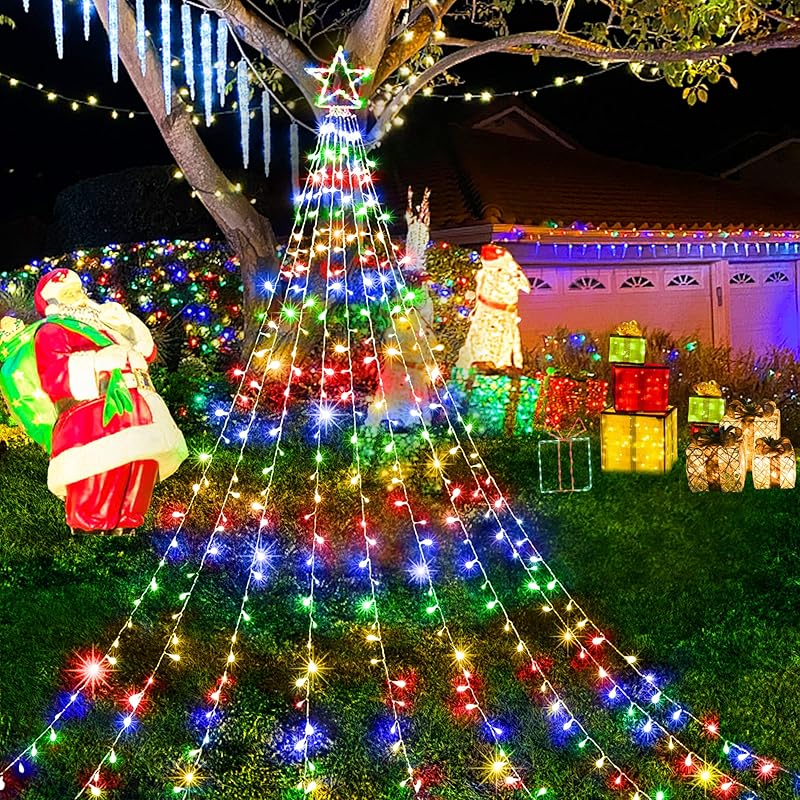 KNONEW Outdoor Christmas Decorations Waterfall Lights 344 LED 8 Modes Tree Light Gift, Plug in Clear Wire Waterproof Patio Light Decor for Xmas Tree