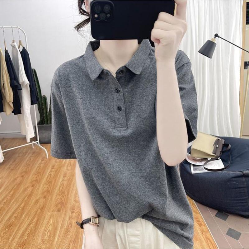 Women's Grey Polo Shirt Short Sleeve Casual Loose Fit Basic Knit Top