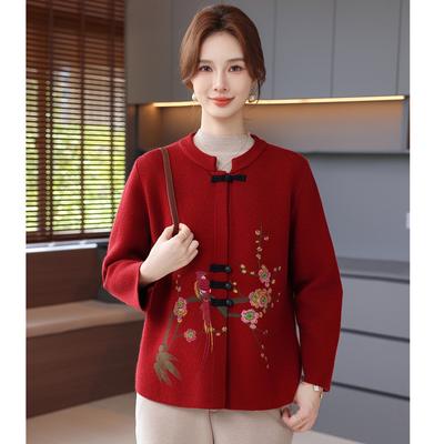 Mother's Autumn Coat National Wind Short Cardigan 50-year-old Middle-aged and Elderly Women's Fashion Knitted Coat Xi Mother-in-law Wedding Dress