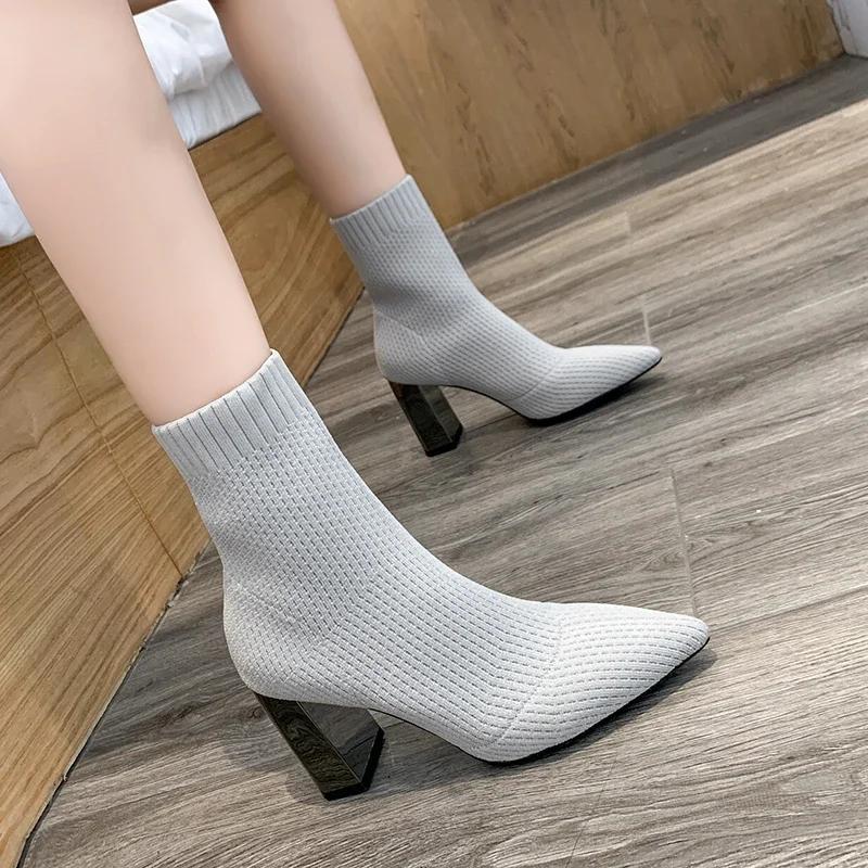 Fashion Footwear Black Pointed Toe Short Shoes for Woman Elastic Booties Sock Women's Ankle Boots Pu Trend 2024 High Quality Hot