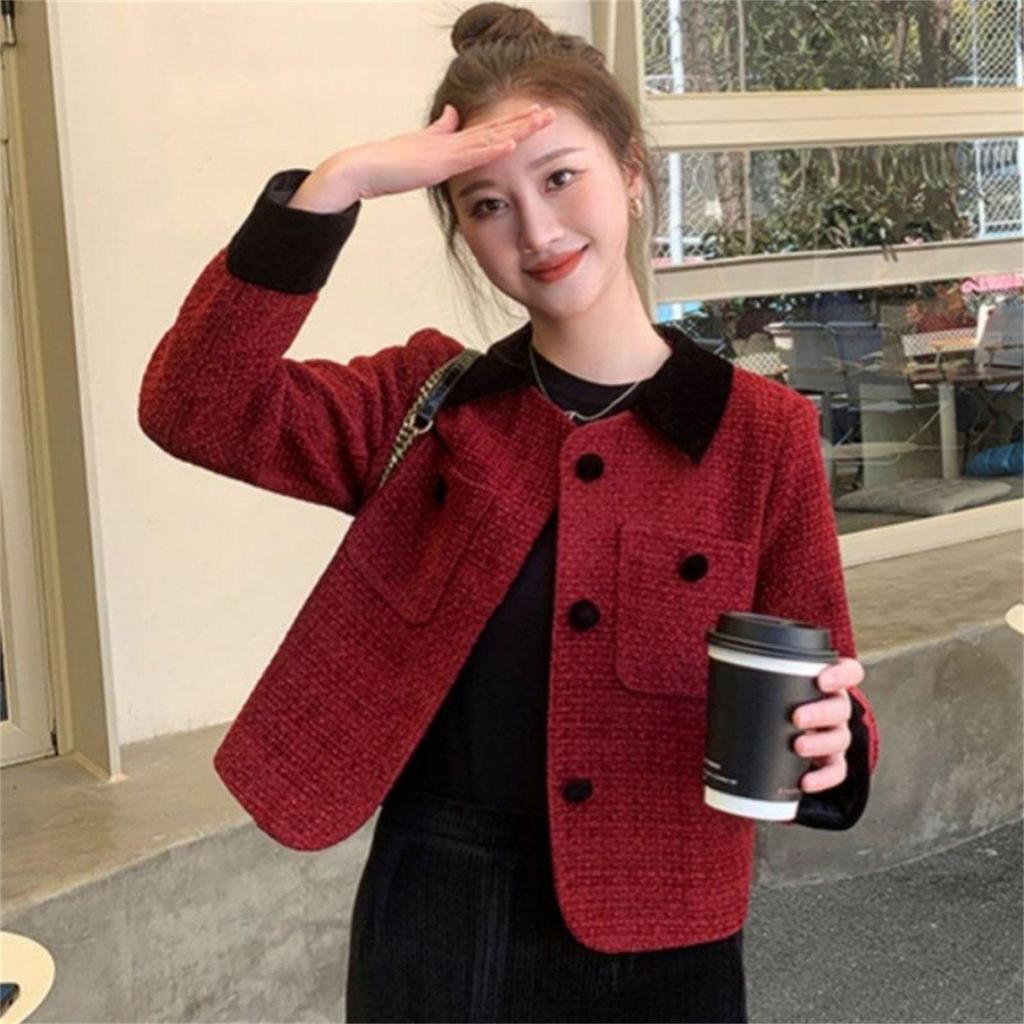 2025 Elegant Petite Red Wool Jacket - Felt French-Korean Style for Women