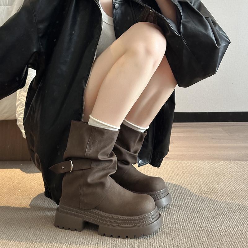 Thick Bottom Women Western Cowboy Boots Fashion Belt Buckle Autumn Winter Female Slip On Mid Calf Booties