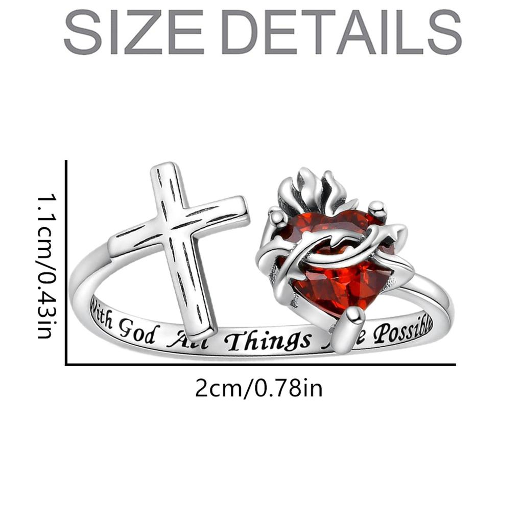 Krásně zpracovaný otevřený prsten s Nejsvětějším Srdcem Ježíšovým, zdobený kreativním trnitým červeným srdcem z umělého křišťálu, šperk