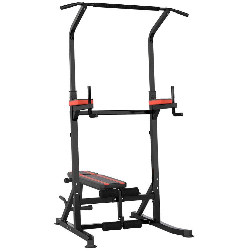 Folding Power Tower, Multifunction Fitness Station Adjustable In 7 Positions with Pull-Up Bar, Dip Station, Pull UP Station and Flat Bench In Steel