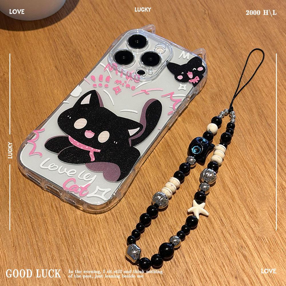 Applicable To IPhone16 Transparent Cute Black Cat Mobile Phone Case Apple 13pro Cartoon Kitten Bracelet Protection Case