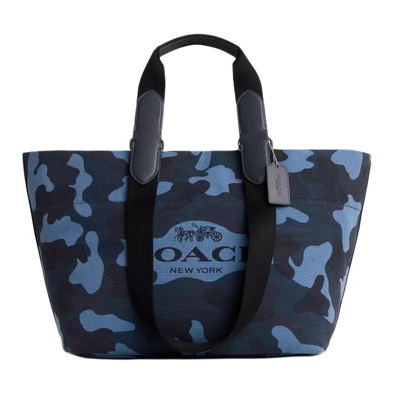 

COACH Tour 34 Camouflage Print Tote Bag Tote Bag Shopping Bag Canvas and Smooth Leather Handbag Small Size Unisex Couple Style Blue Black чёрный