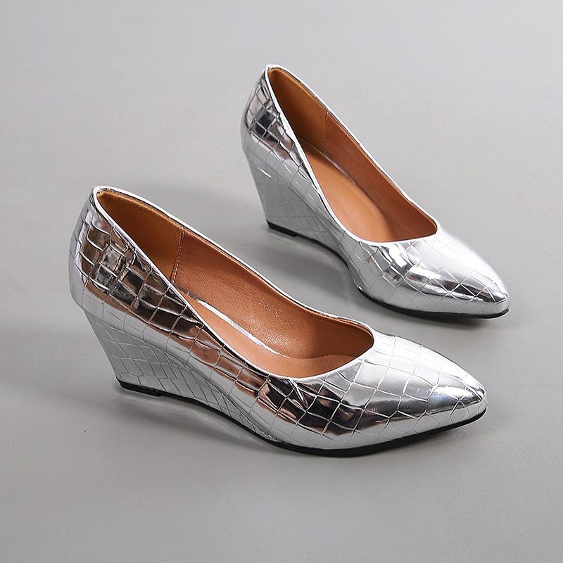 Women Slope Heel Single Shoes Pointed Toe Shallow Mouth High Heeled Work Shoes Silver Comfort Dress