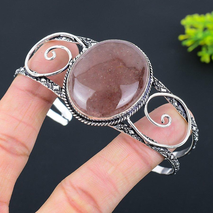 Strawberry Quartz Gemstone 925 Sterling Silver Cuff Bangle Adjustable