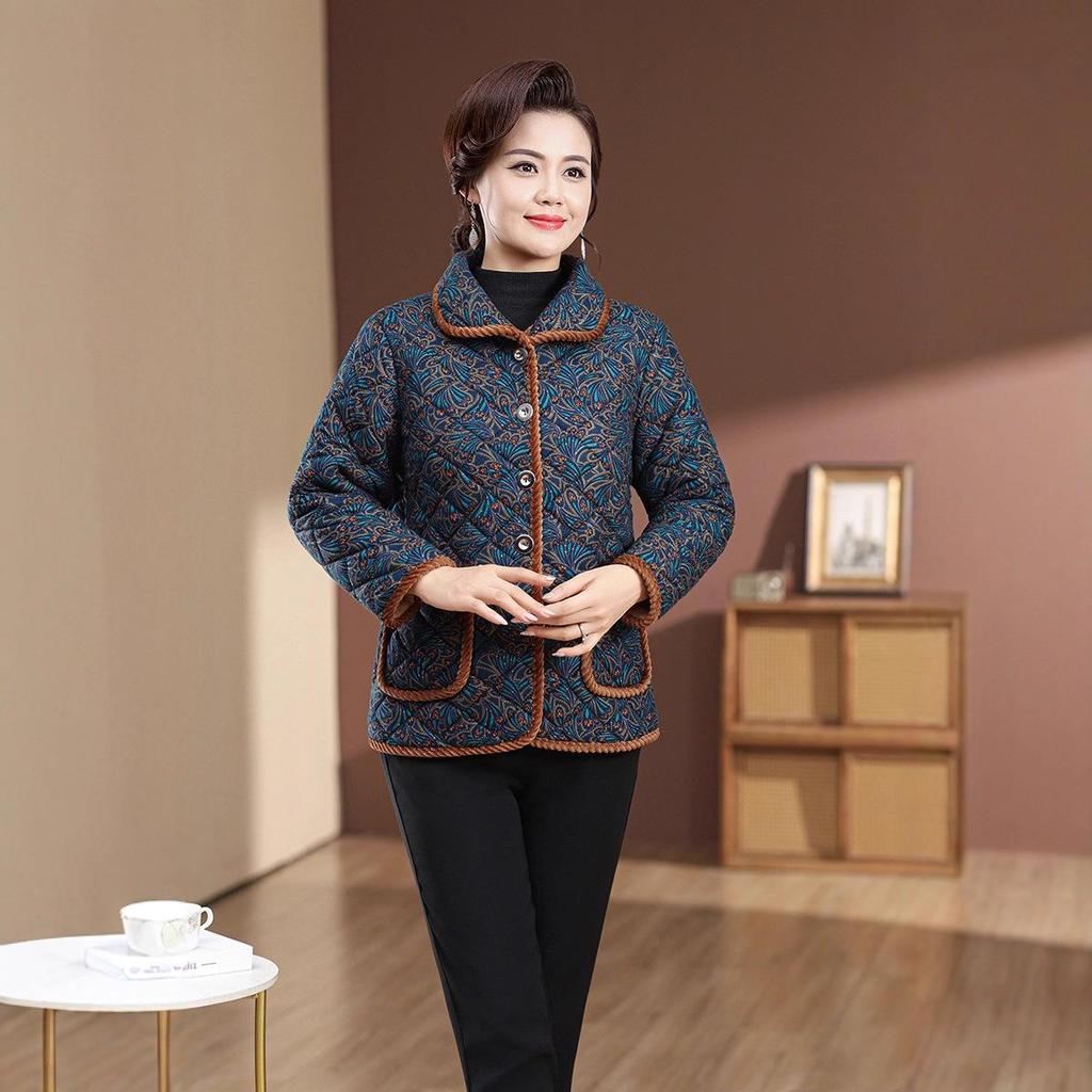 Mom's Winter Plus Size Velvet Cotton Plaid Jacket for Middle-Aged & Elderly