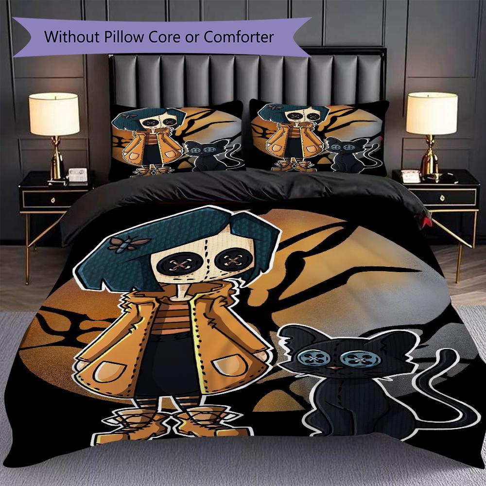 1PC Coraline Pattern Bedding Quilt Set Quilt Cover Pillowcase Home Decoration Birthday Gift (1 * Duvet Cover + 2 * Pillowcase, Without Core)